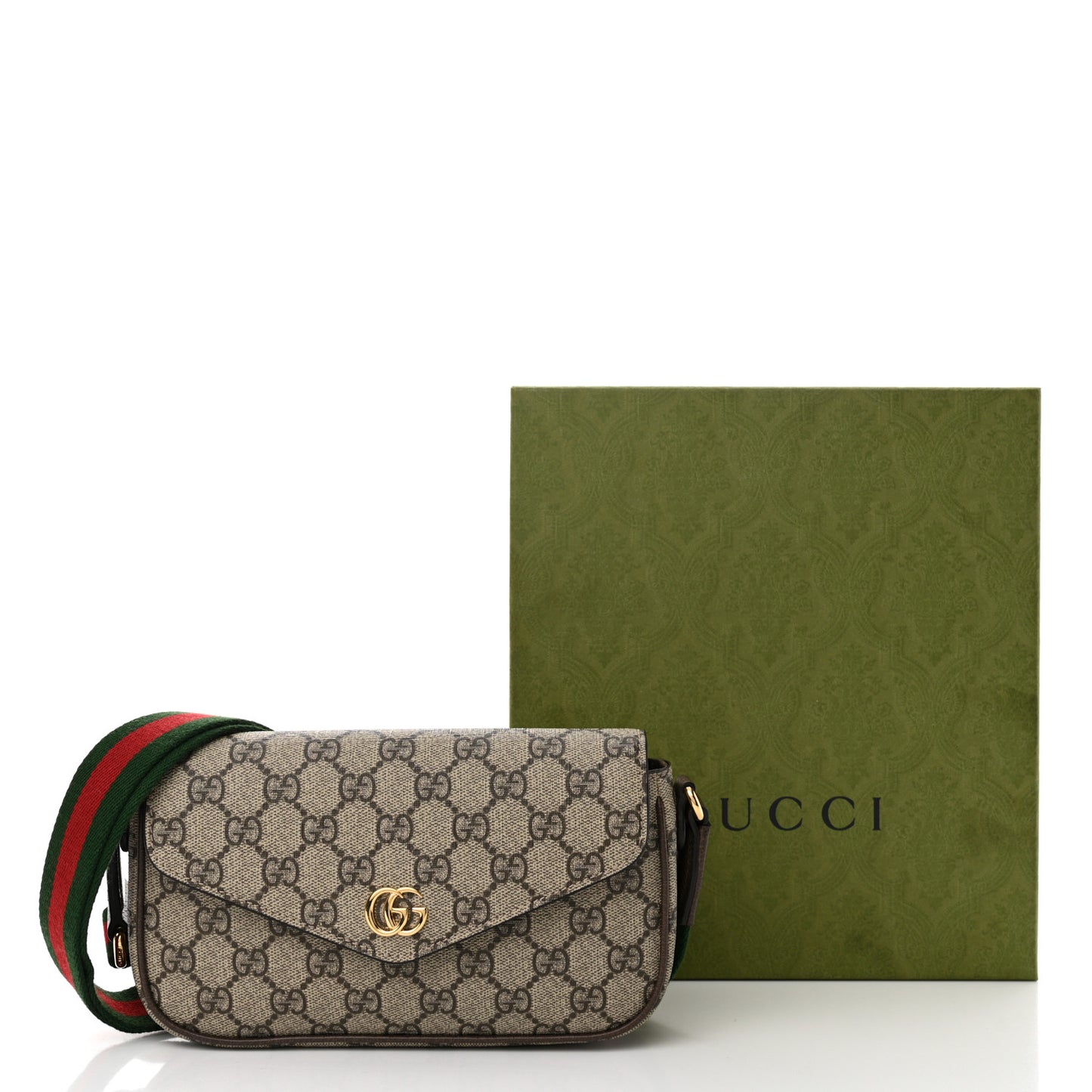GG Supreme Monogram Textured Dollar Calfskin Web Mini Ophidia Envelope Shoulder Bag Beige Ebony