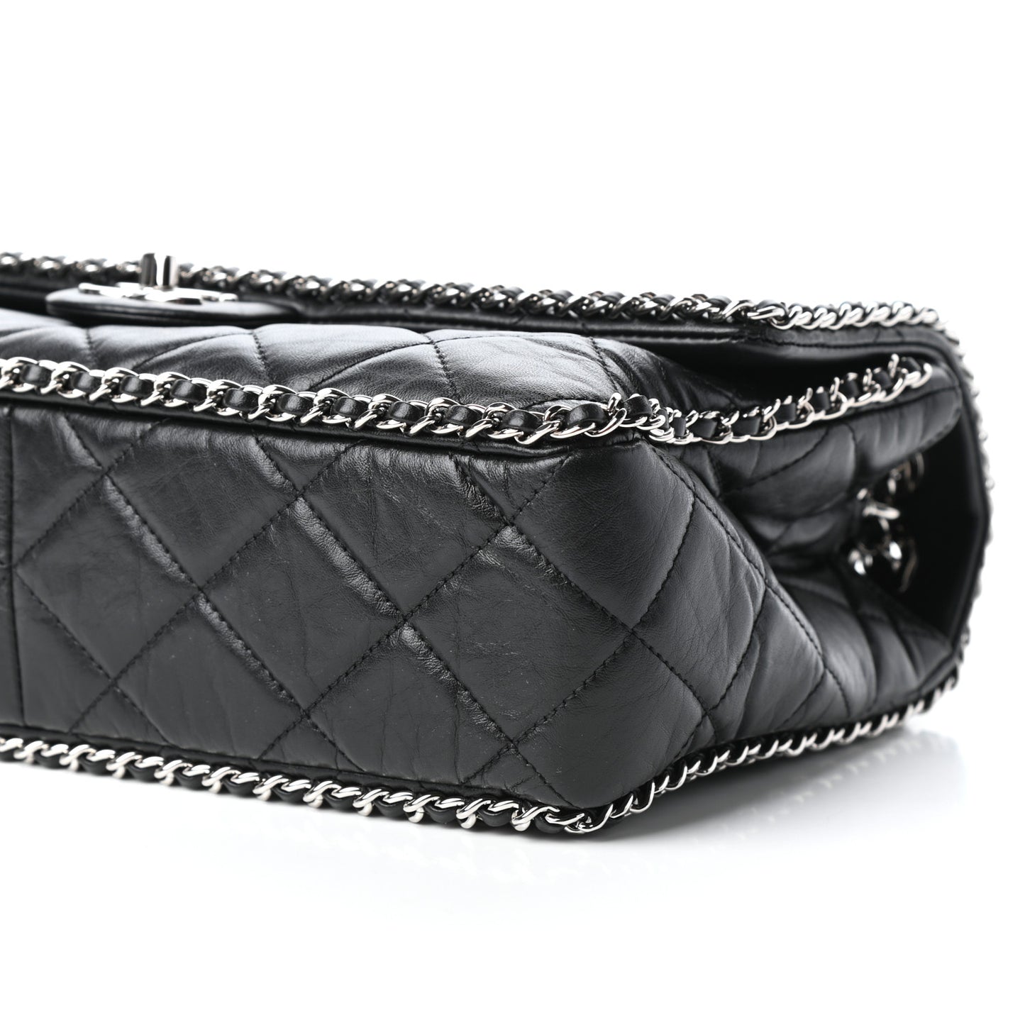 Crumpled Calfskin Quilted Large Chain All Over Flap Bag Black