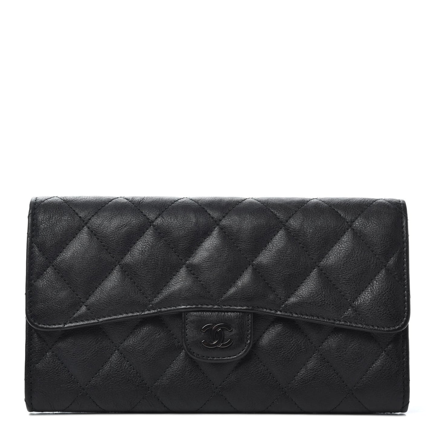 Crumpled Calfskin Quilted Large Flap Wallet So Black