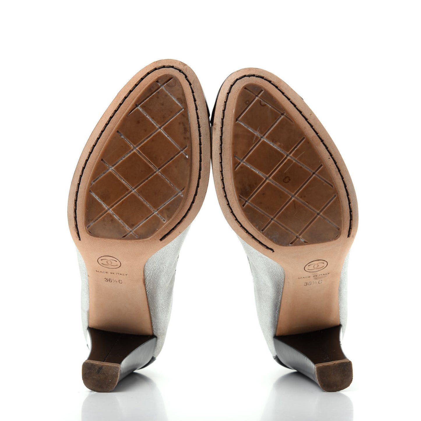 Metallic Lambskin Patent CC Elastic Stretch Pumps 36.5 Silver Black