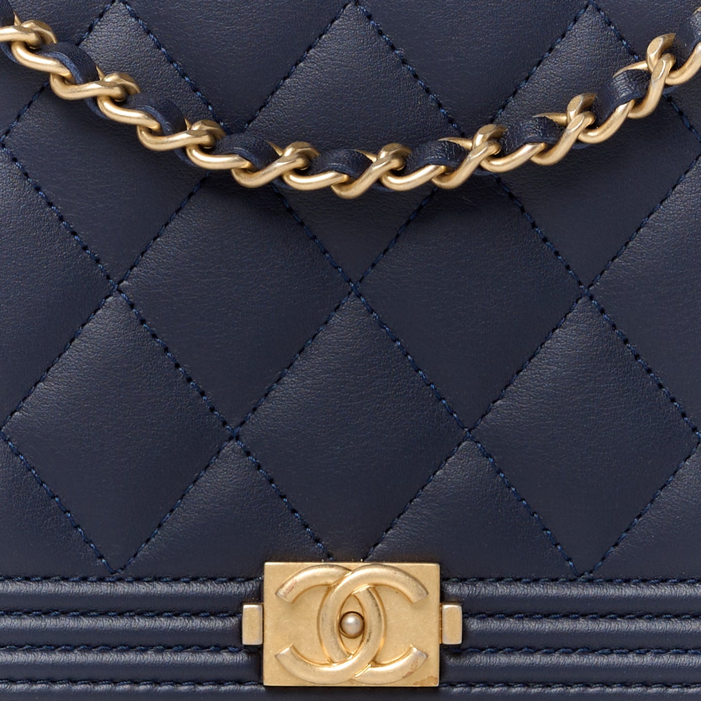 Lambskin Quilted Boy Wallet On Chain WOC Navy