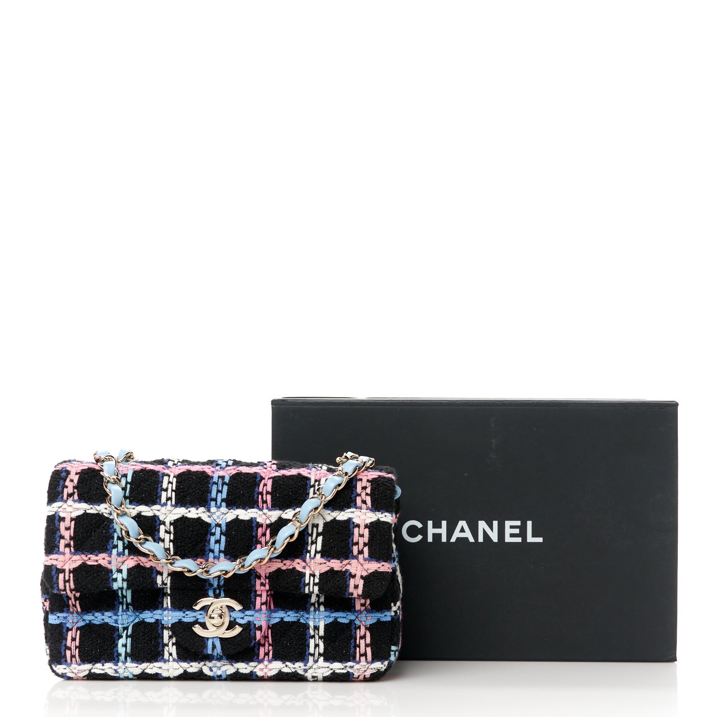 Tweed Quilted Mini Rectangular Flap Black Pink Blue Ecru