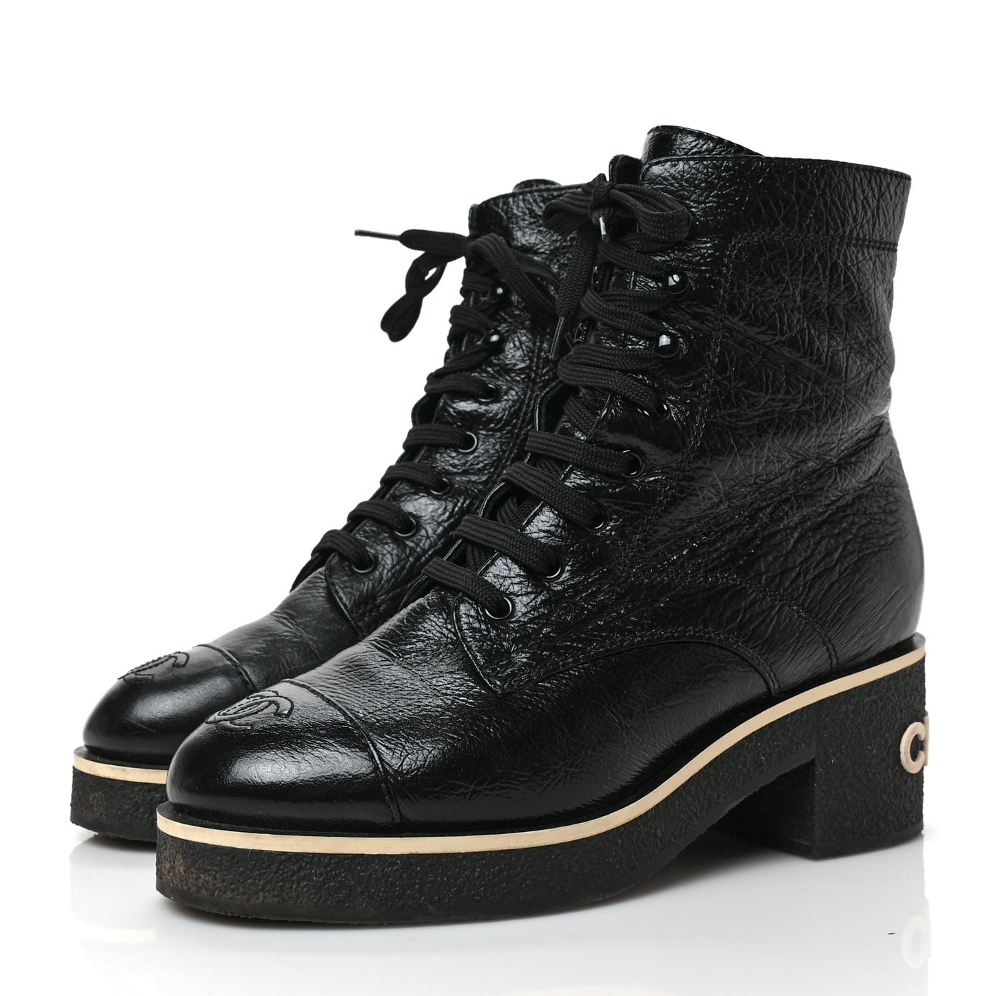 Shiny Crumpled Lambskin Lace Up Combat Boots 38 Black