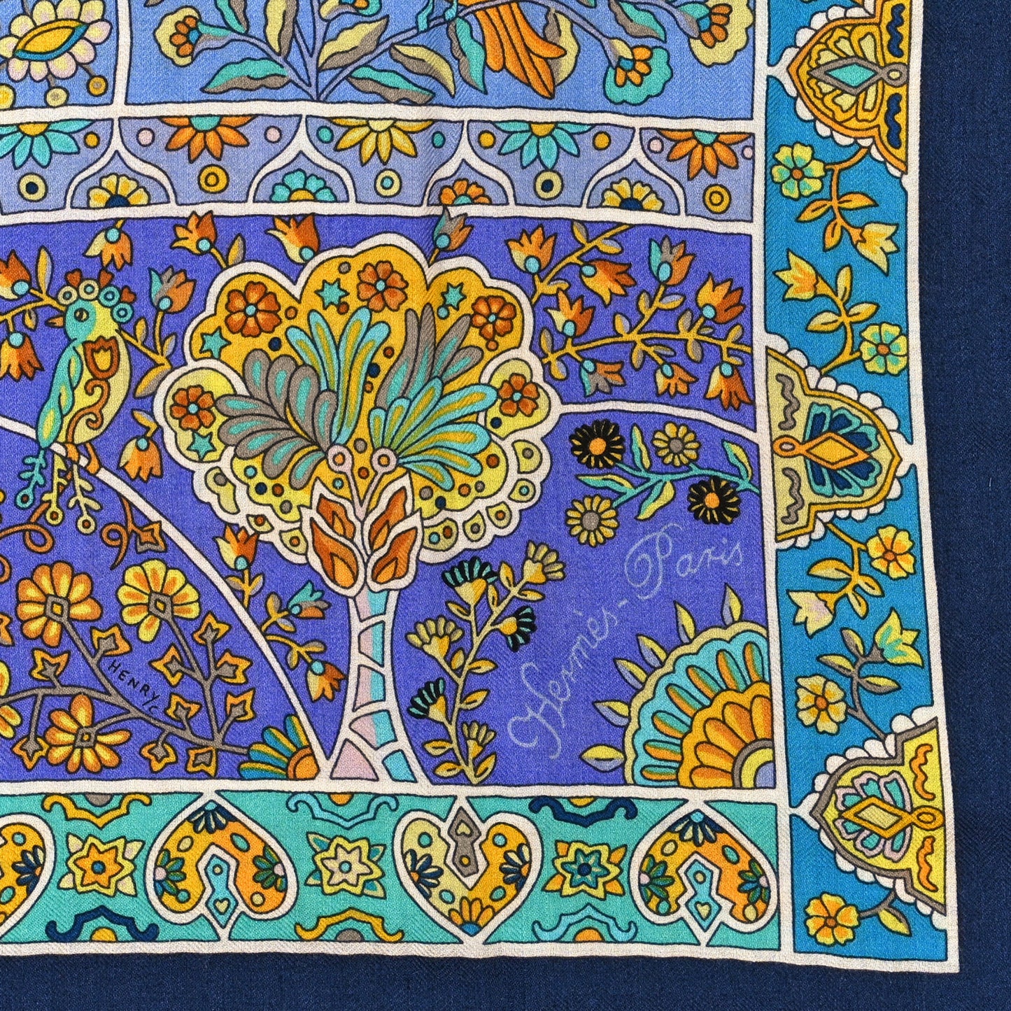 Cashmere Silk Au Pays Des Oiseaux Fleurs Shawl 140 Marine Turquoise Jaune