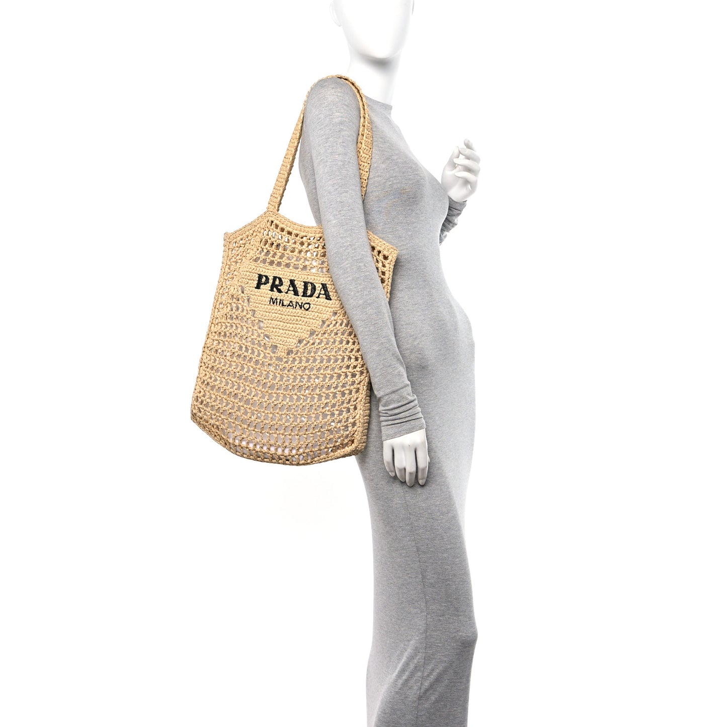 Yarn Raffia Effect Crochet Logo Embroidered Tote Bag Naturale