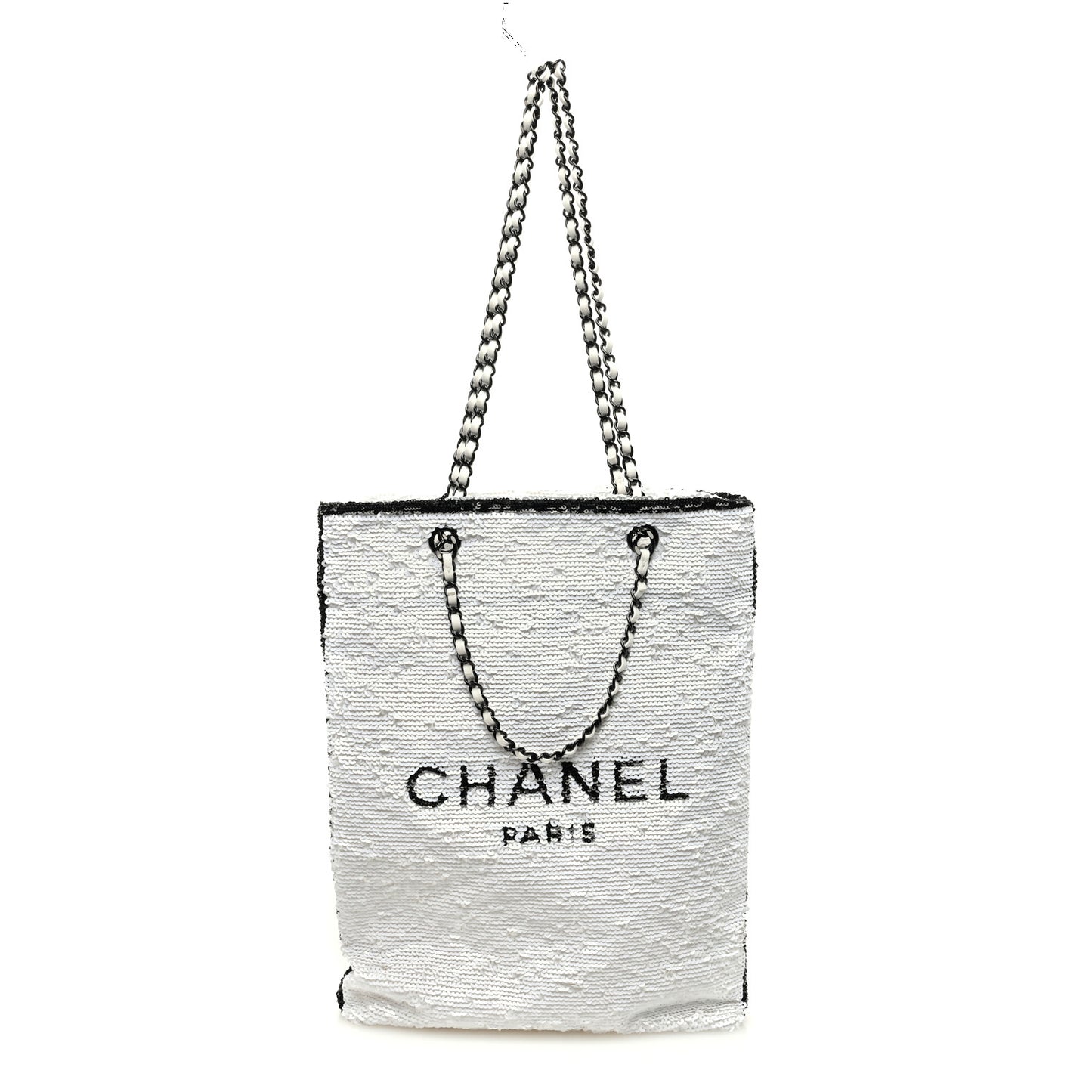 Sequin Logo Shopping Tote White Black