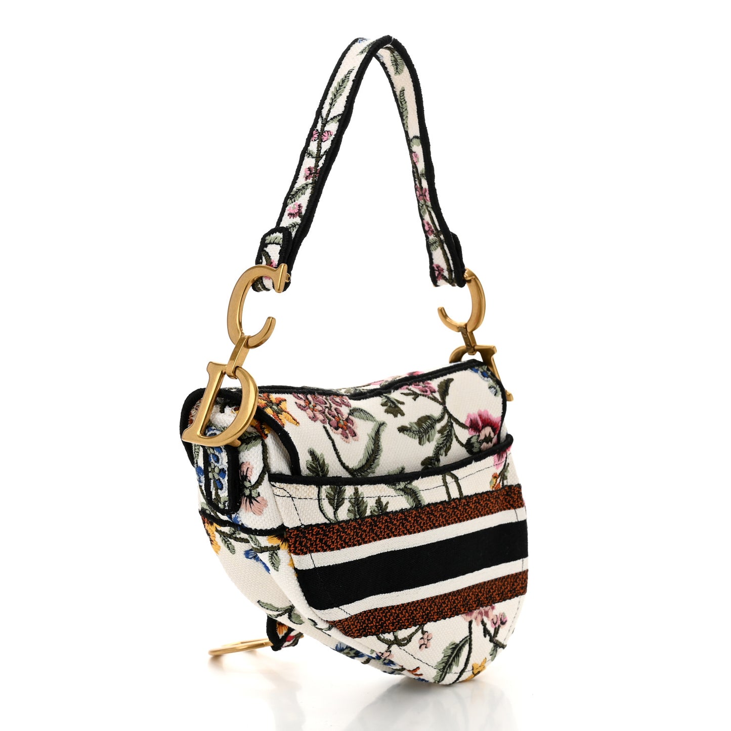 Canvas Embroidered Petites Fleurs Saddle Bag White Multicolor