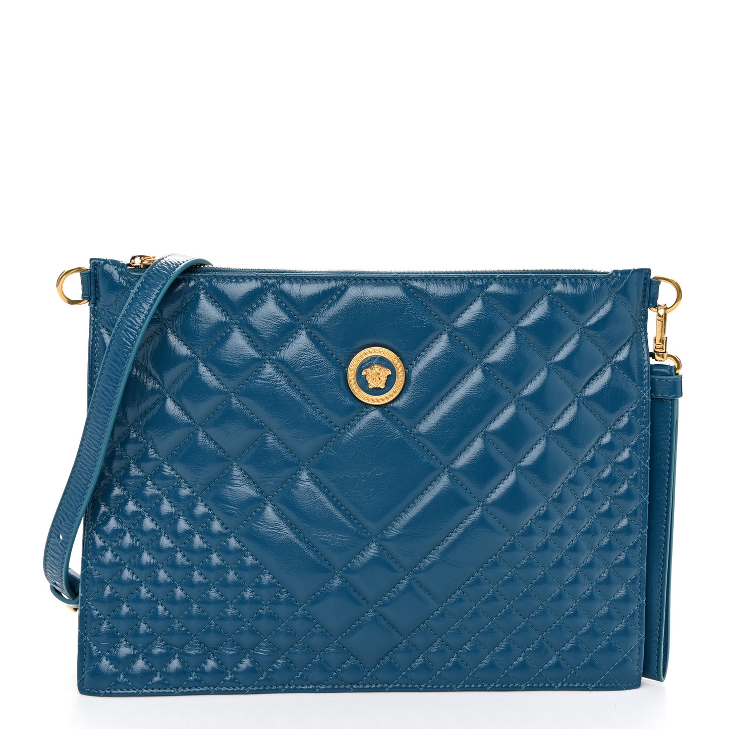 Patent Calfskin Quilted Large Tribute Icon Crossbody Pouch Blue