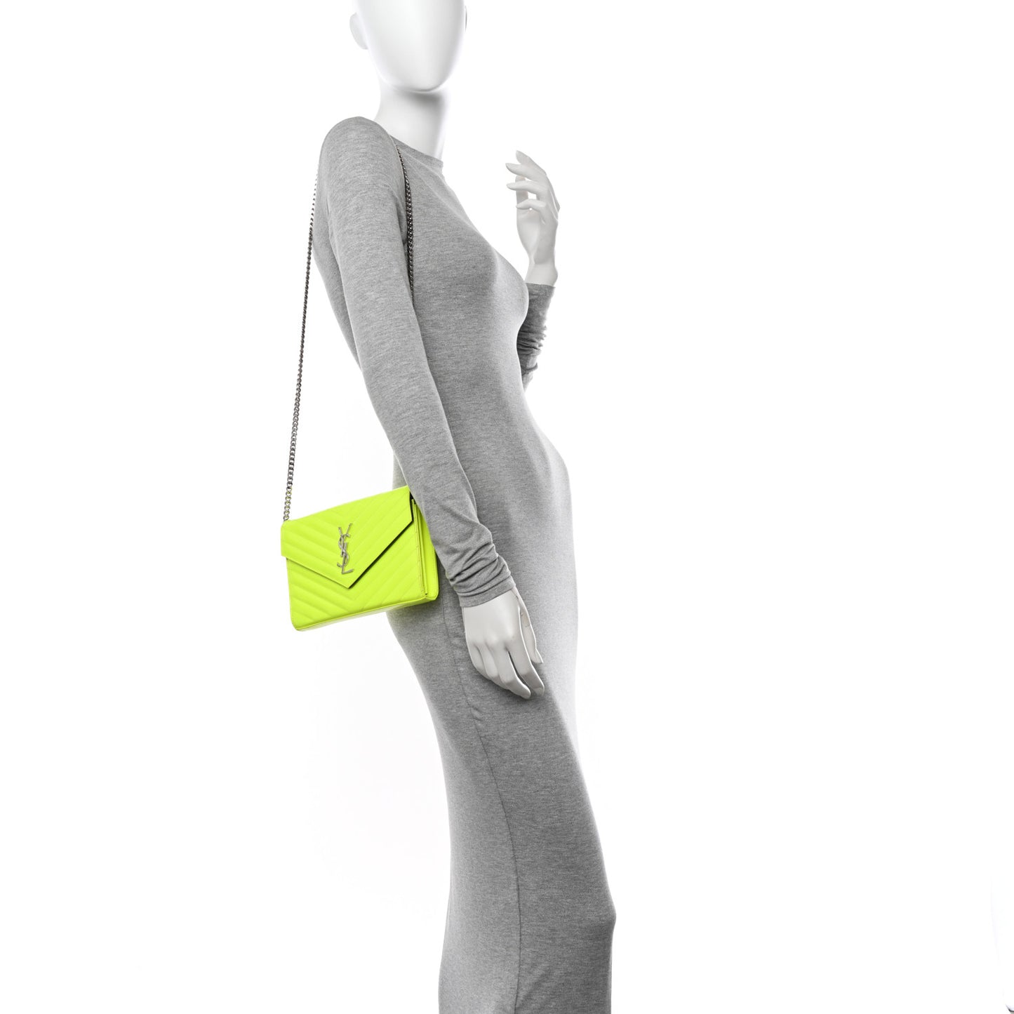 Patent Grain De Poudre Matelasse Chevron Monogram Chain Wallet Neon Yellow