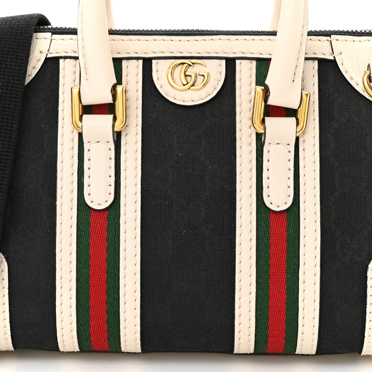 Monogram Textured Dollar Calfskin Web Mini Bauletto Duffle Top Handle Bag Black Mystic White