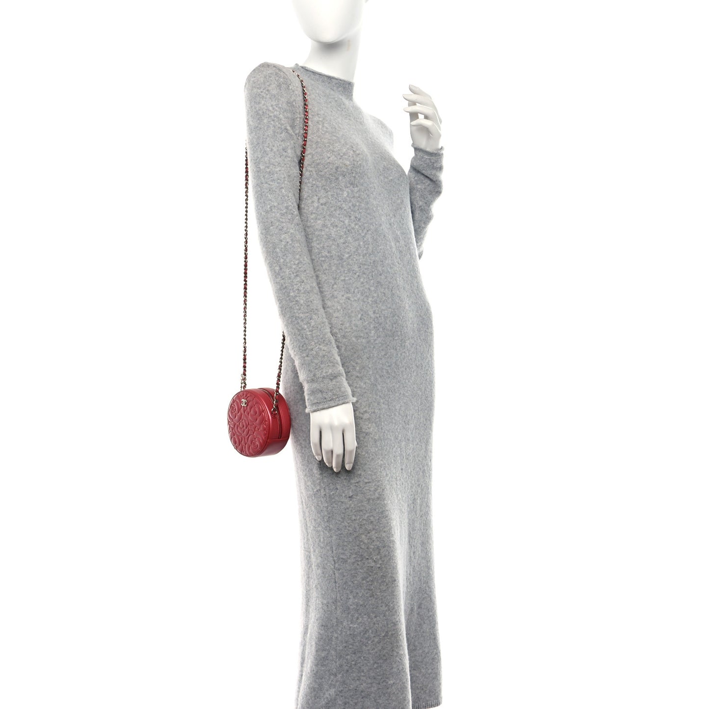 Goatskin Camellia Quilted Round Clutch With Chain Dark Pink