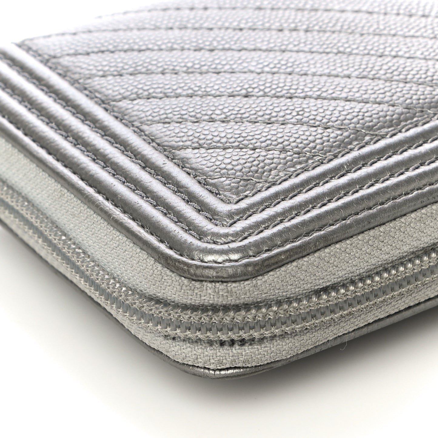 Metallic Caviar Chevron Quilted Boy Small Zip Around Wallet Silver