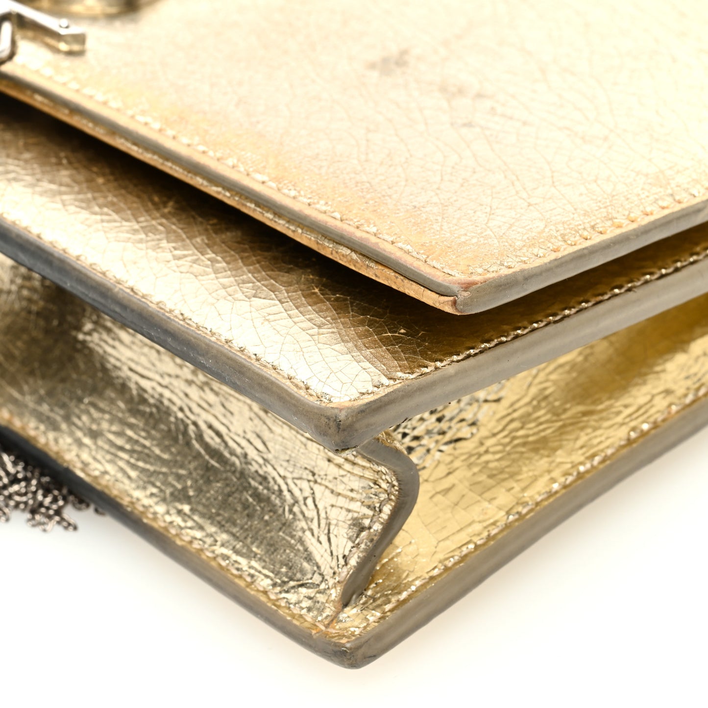 Metallic Crackled Calfskin Kate Monogram Tassel Chain Wallet Gold