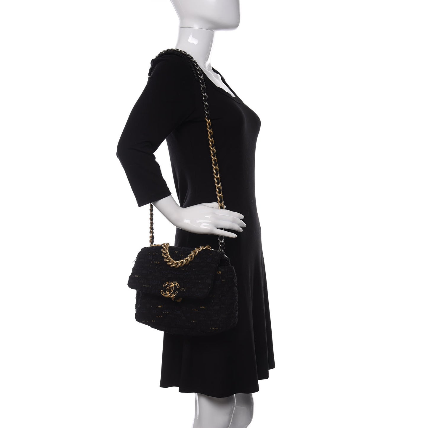 Tweed Quilted Medium Chanel 19 Flap Black Navy Gold