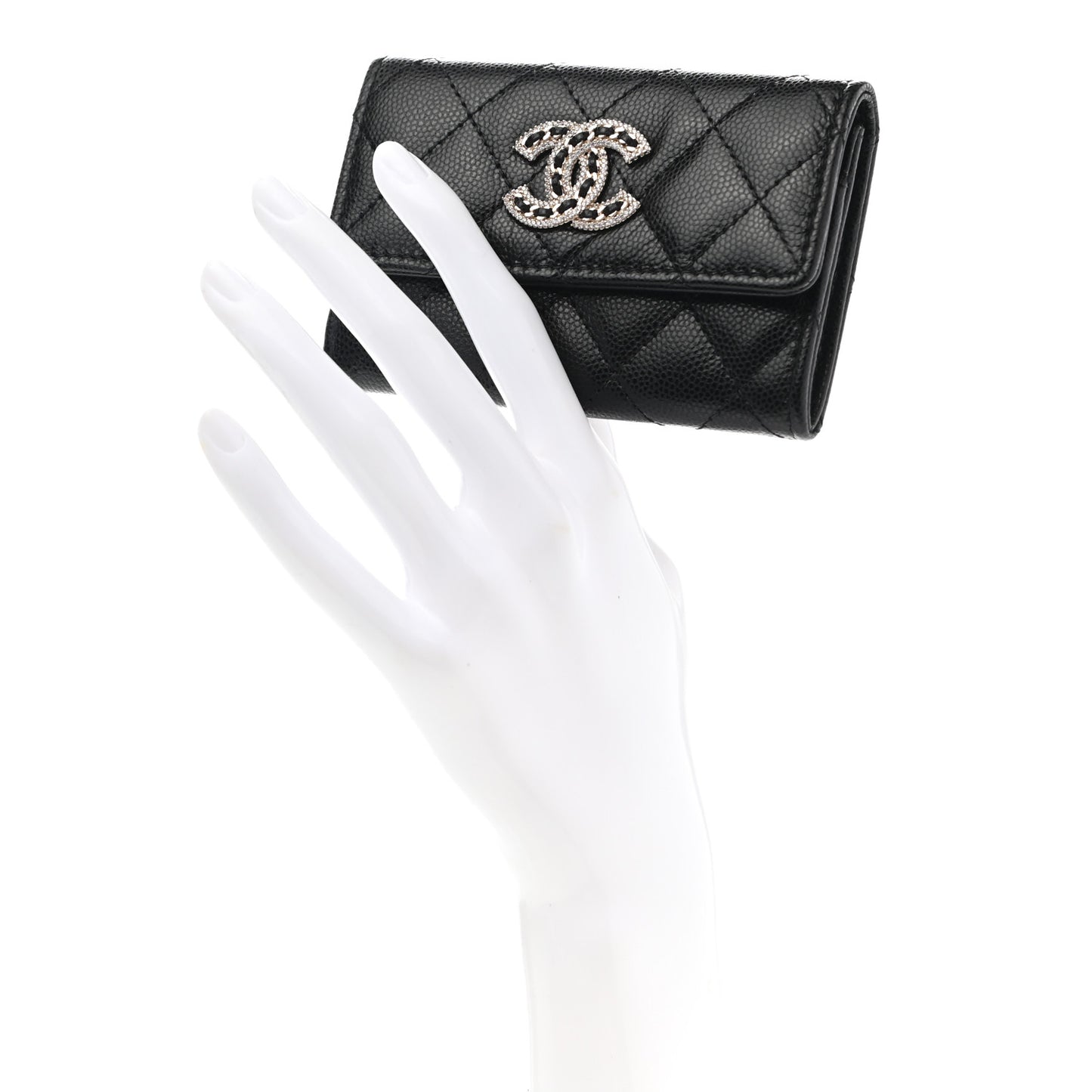 Caviar Quilted Crystal CC Flap Card Holder Black