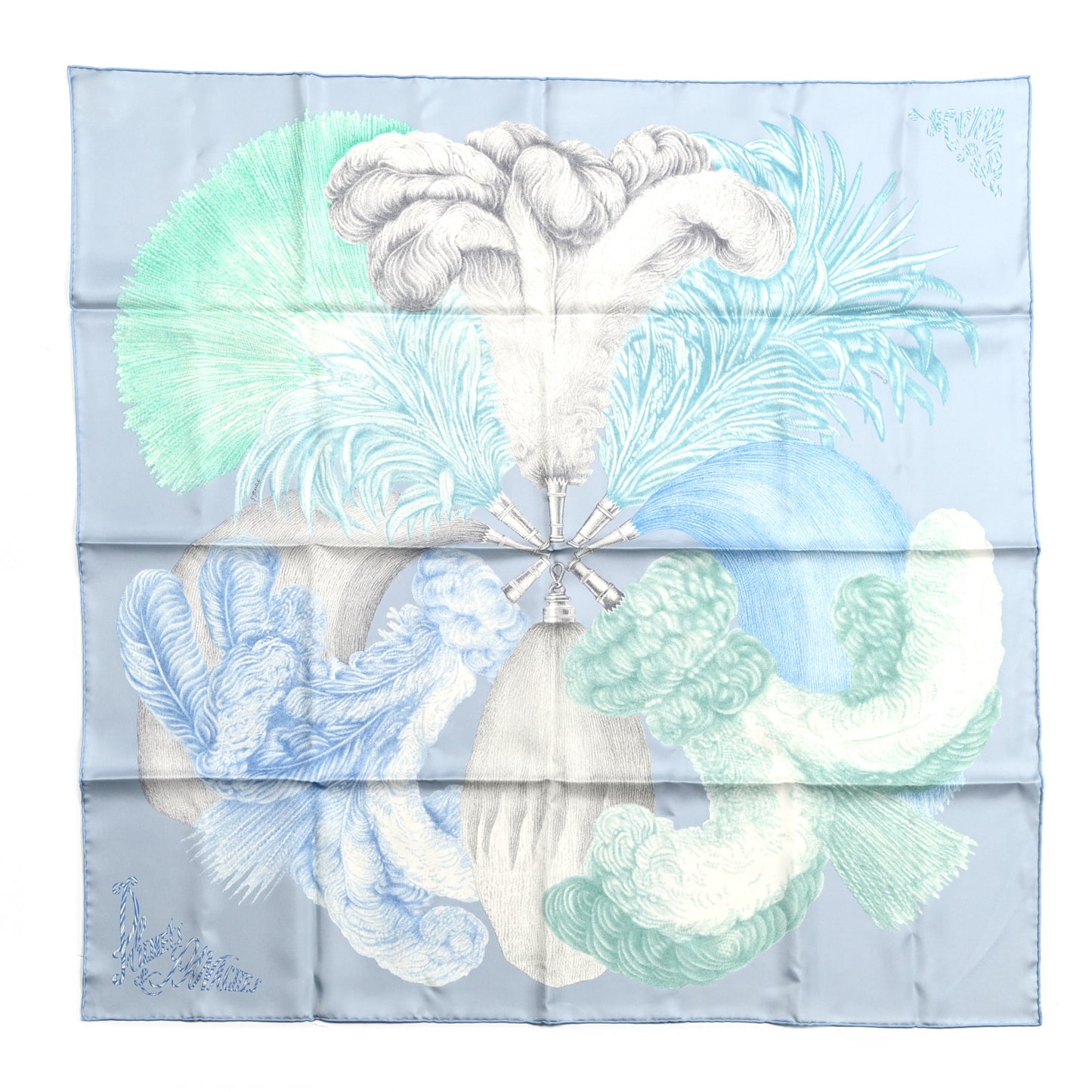 Silk Twill Plumets Et Panaches Scarf 90 Bleu Glacier Vert