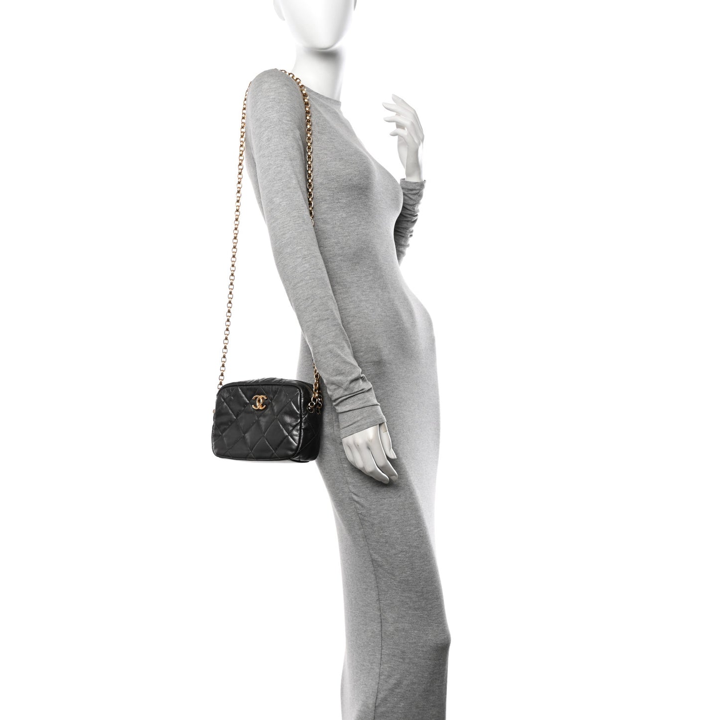 Metallic Calfskin Pearl Quilted CC Mini Camera Case Ruthenium