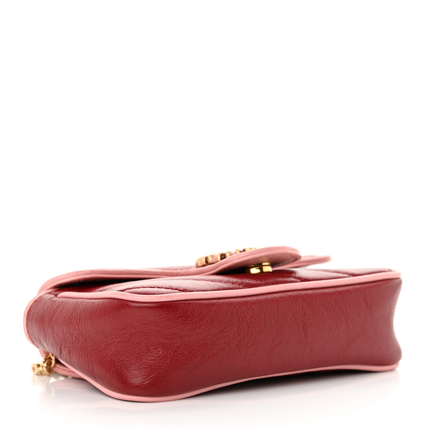 Azalea Calfskin Enamel Matelasse Diagonal Super Mini Torchon GG Marmont Shoulder Bag New Cherry Red Wild Rose
