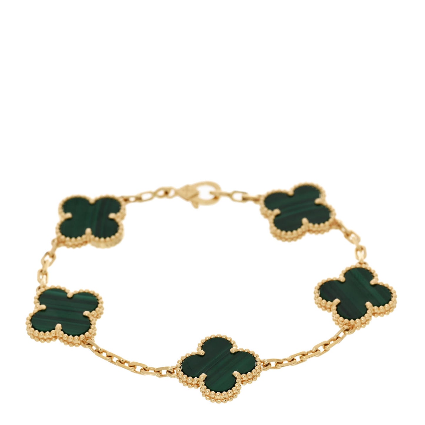 18K Yellow Gold Malachite 5 Motifs Vintage Alhambra Bracelet