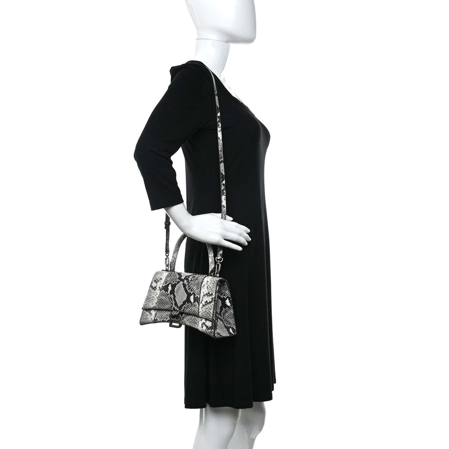 Shiny Calfskin Python Effect Hourglass Top Handle Bag Mini Black White