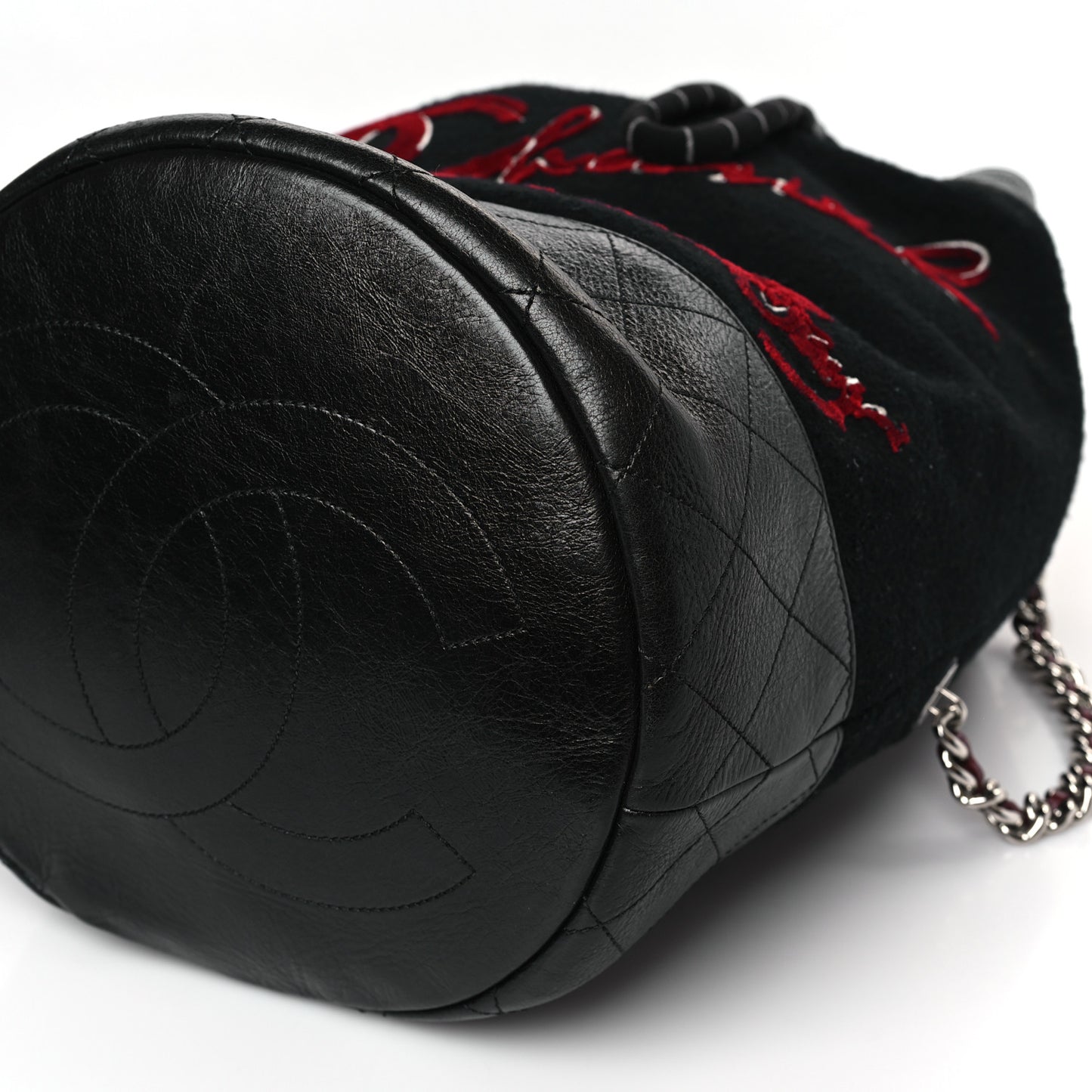 Wool Calfskin Embroidered Paris Hamburg Drawstring Backpack Black