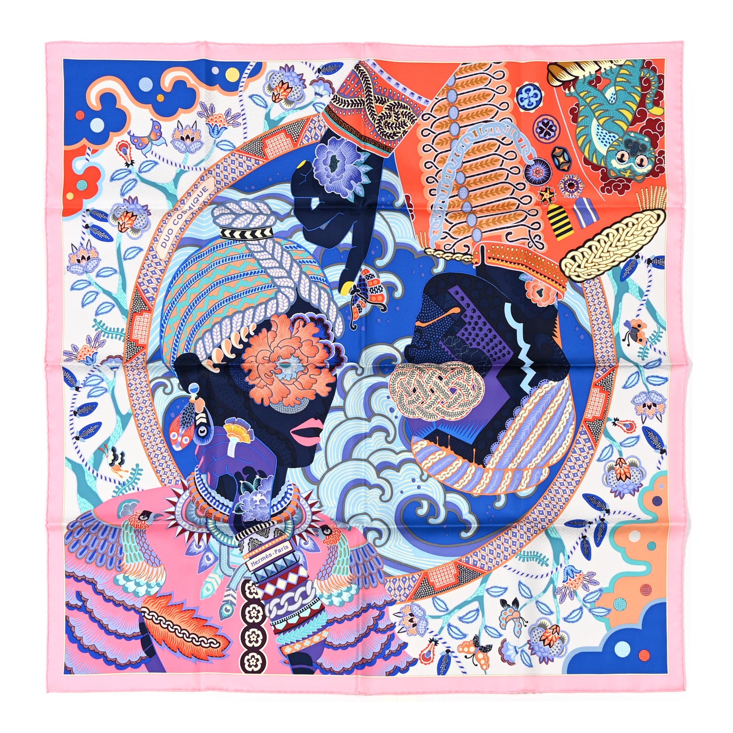 Silk Twill Duo Cosmique Scarf 90 Rose Pale Bleu Orange