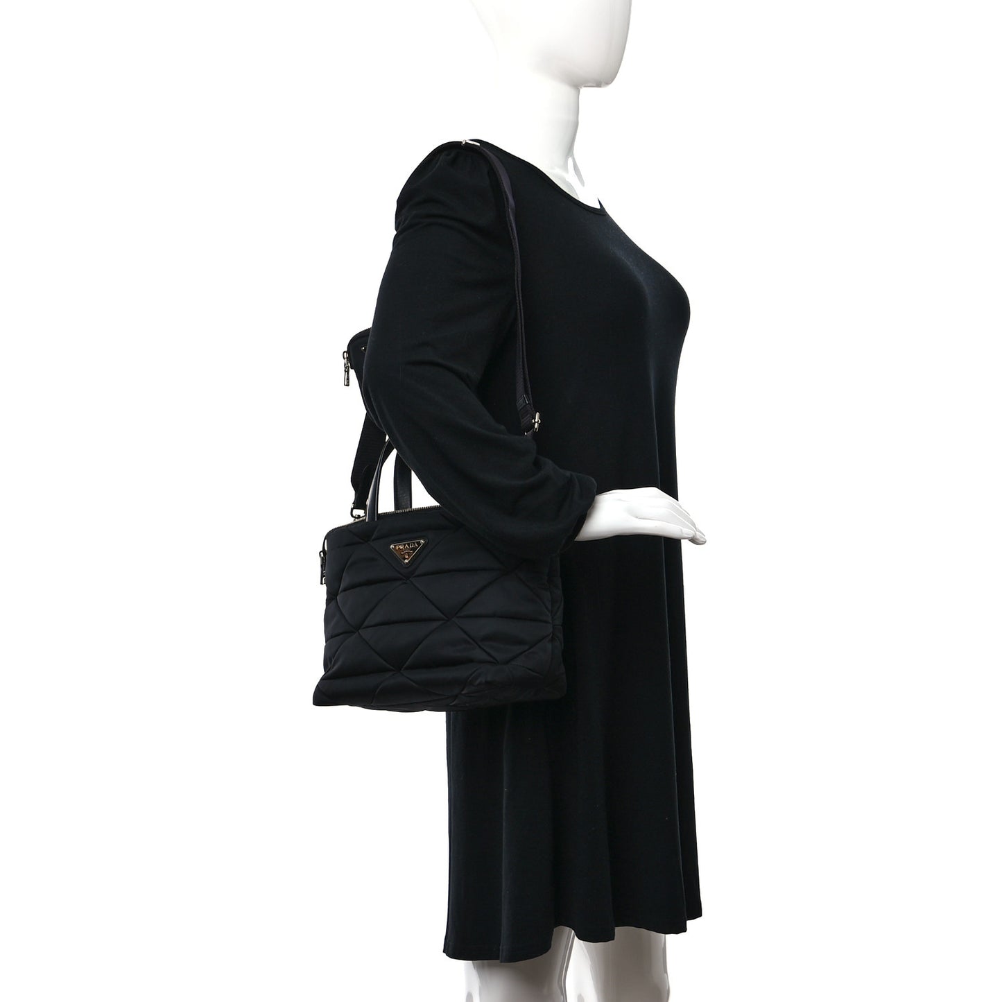 Re-Nylon Nappa Triangle Quilted Padded Double Handled Zip Pocket Tote Black