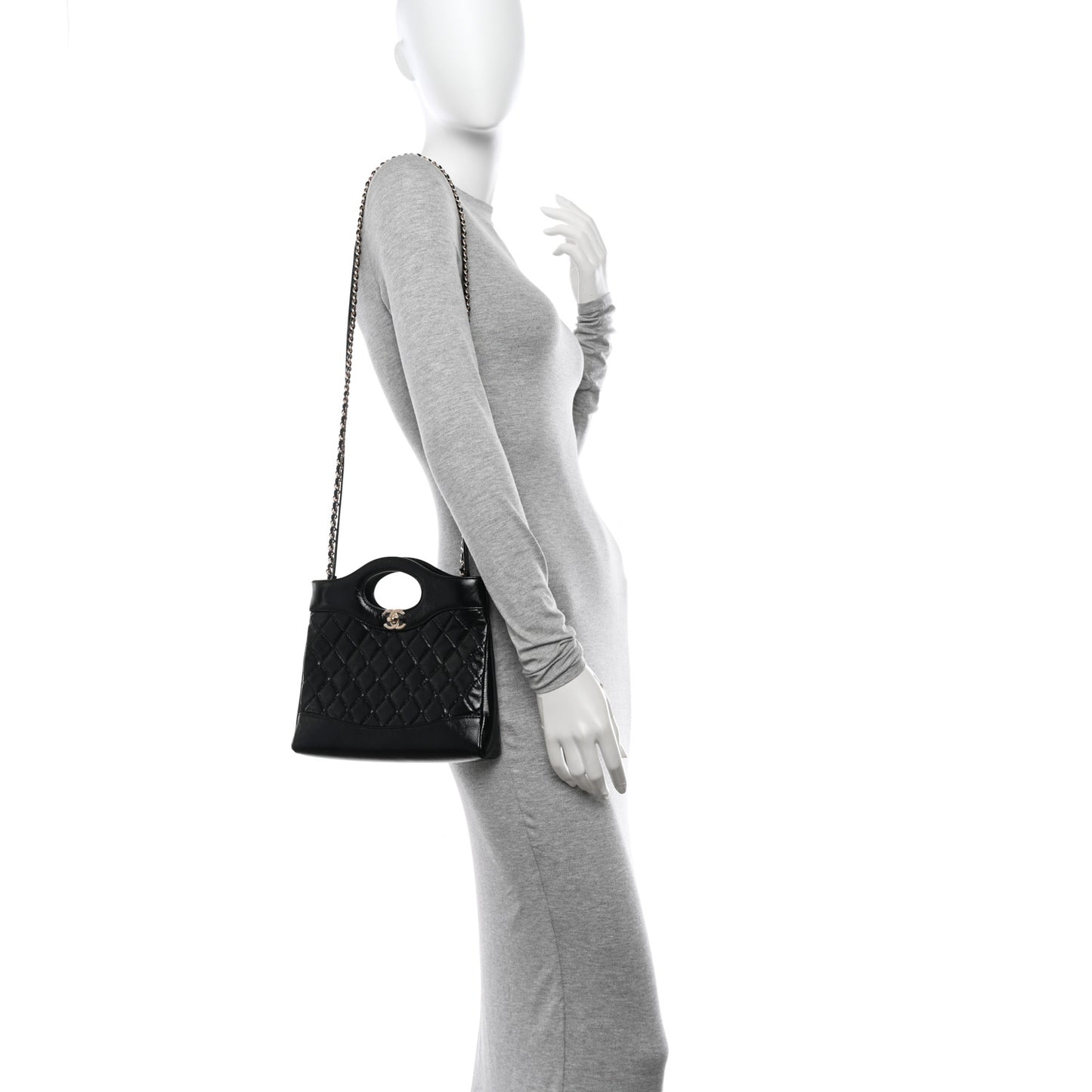 Shiny Crumpled Calfskin Quilted Mini 31 Shopping Bag Black
