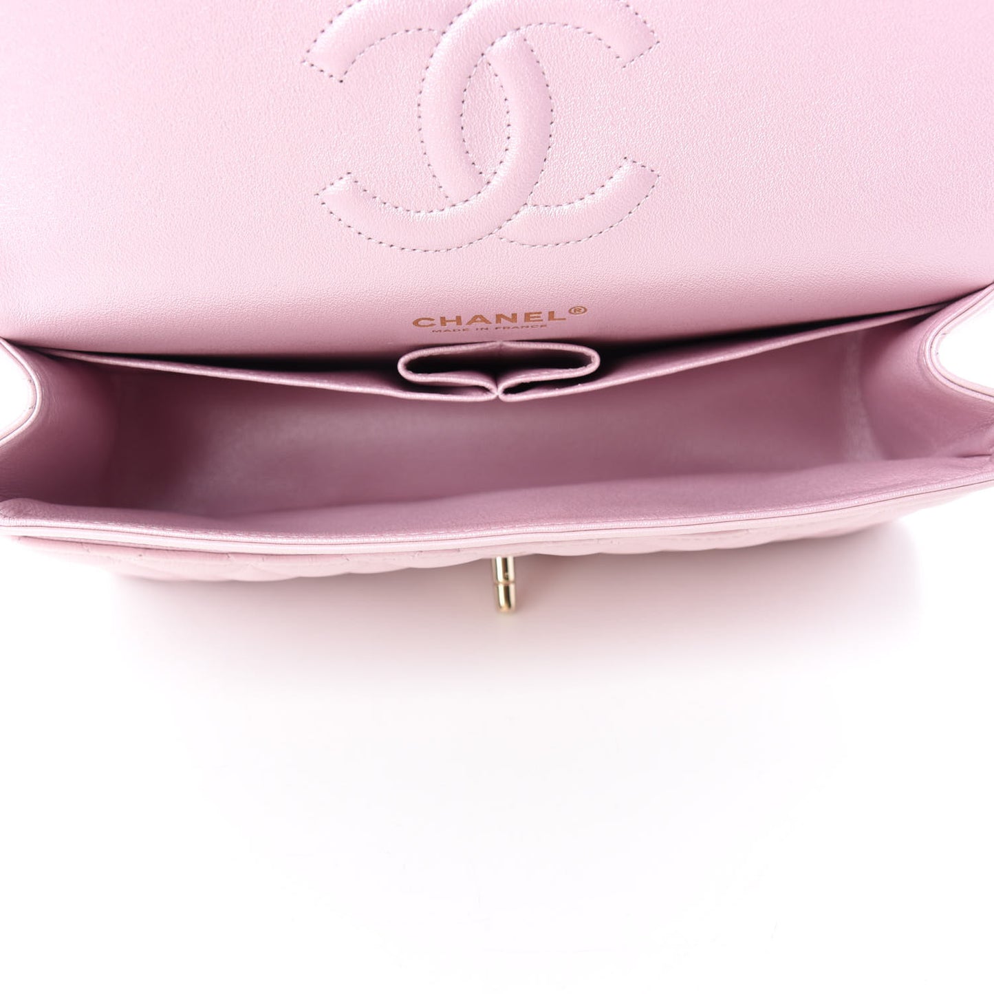 Iridescent Calfskin Quilted Medium Double Flap Light Pink