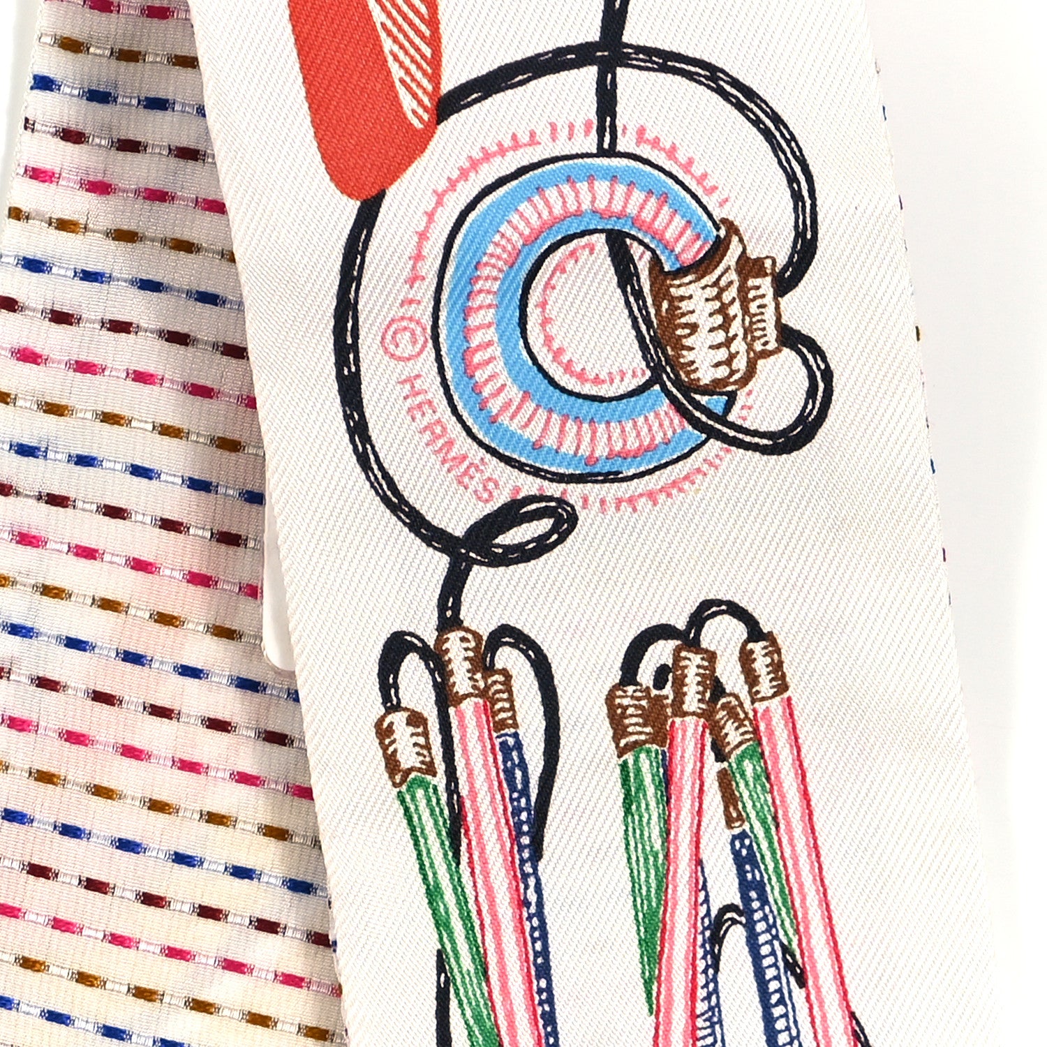 Hermes Silk Chevaloscope Neon Twilly White Bleu Rouge 4 of 4