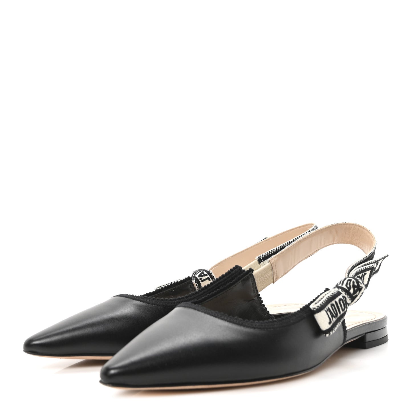 Calfskin Ribbon Embroidered J'Adior Slingback Ballet Flats 37 Black