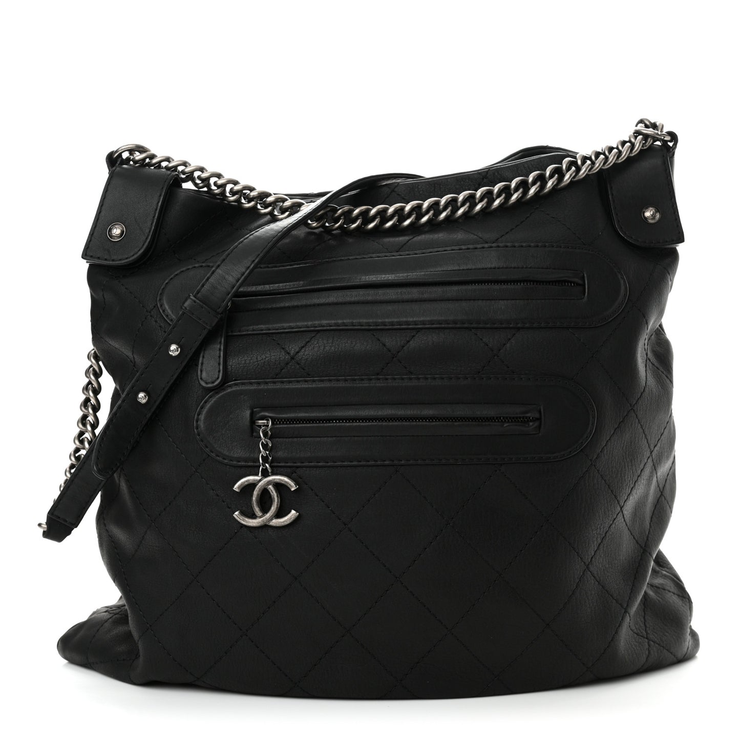 Calfskin Stitched Double Zip Hobo Black