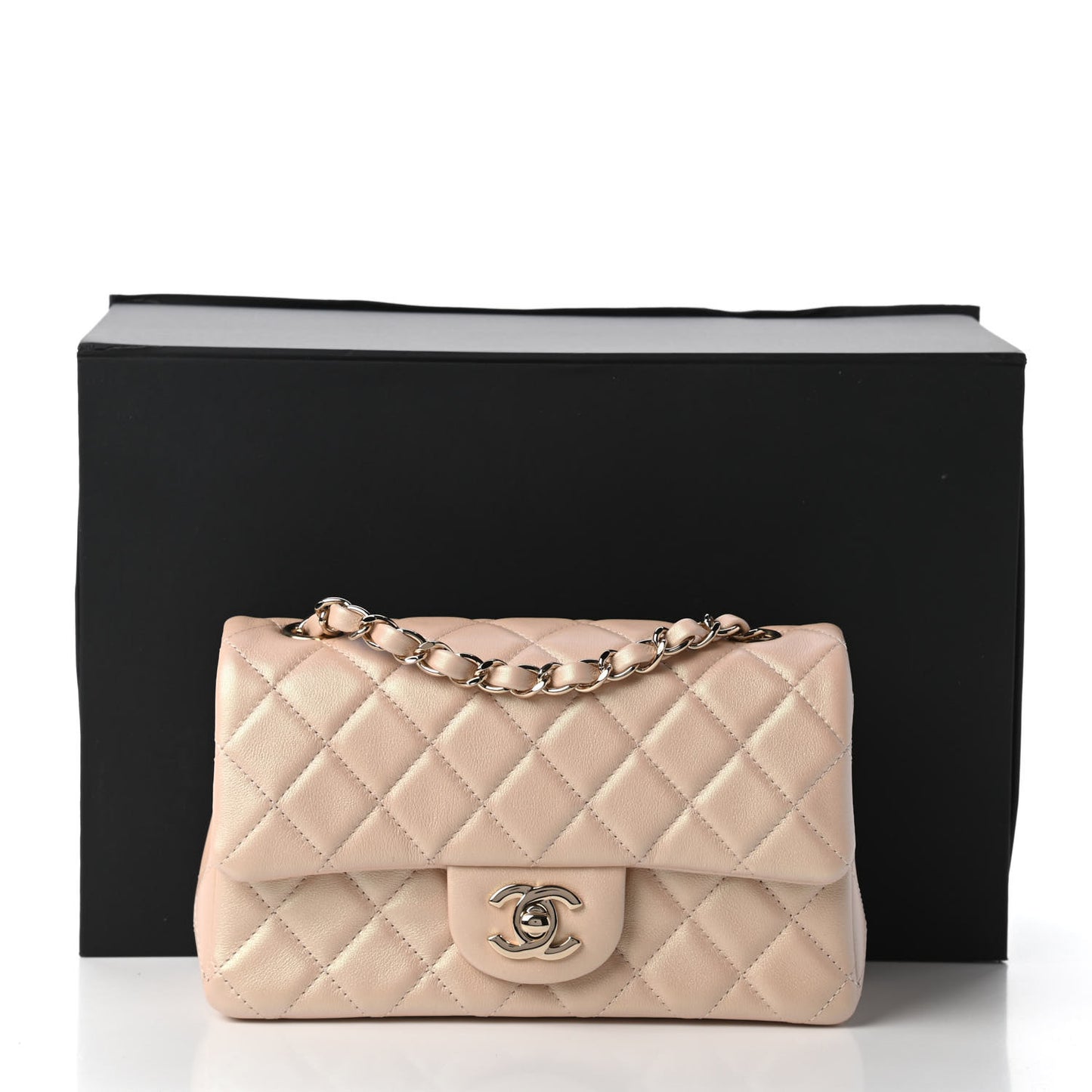 Iridescent Lambskin Quilted Mini Rectangular Flap Beige