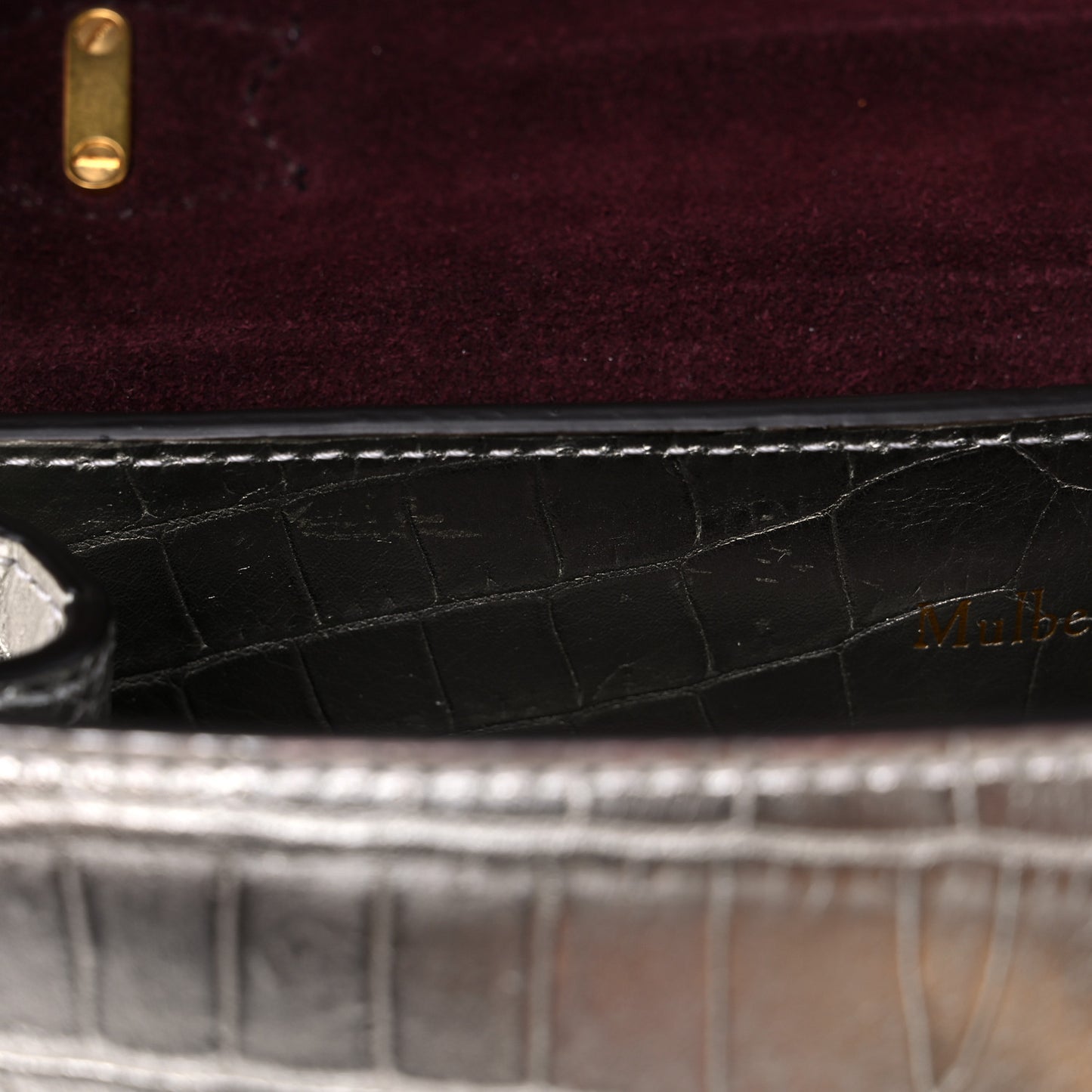 Metallic Calfskin Crocodile Embossed Mini Seaton Silver