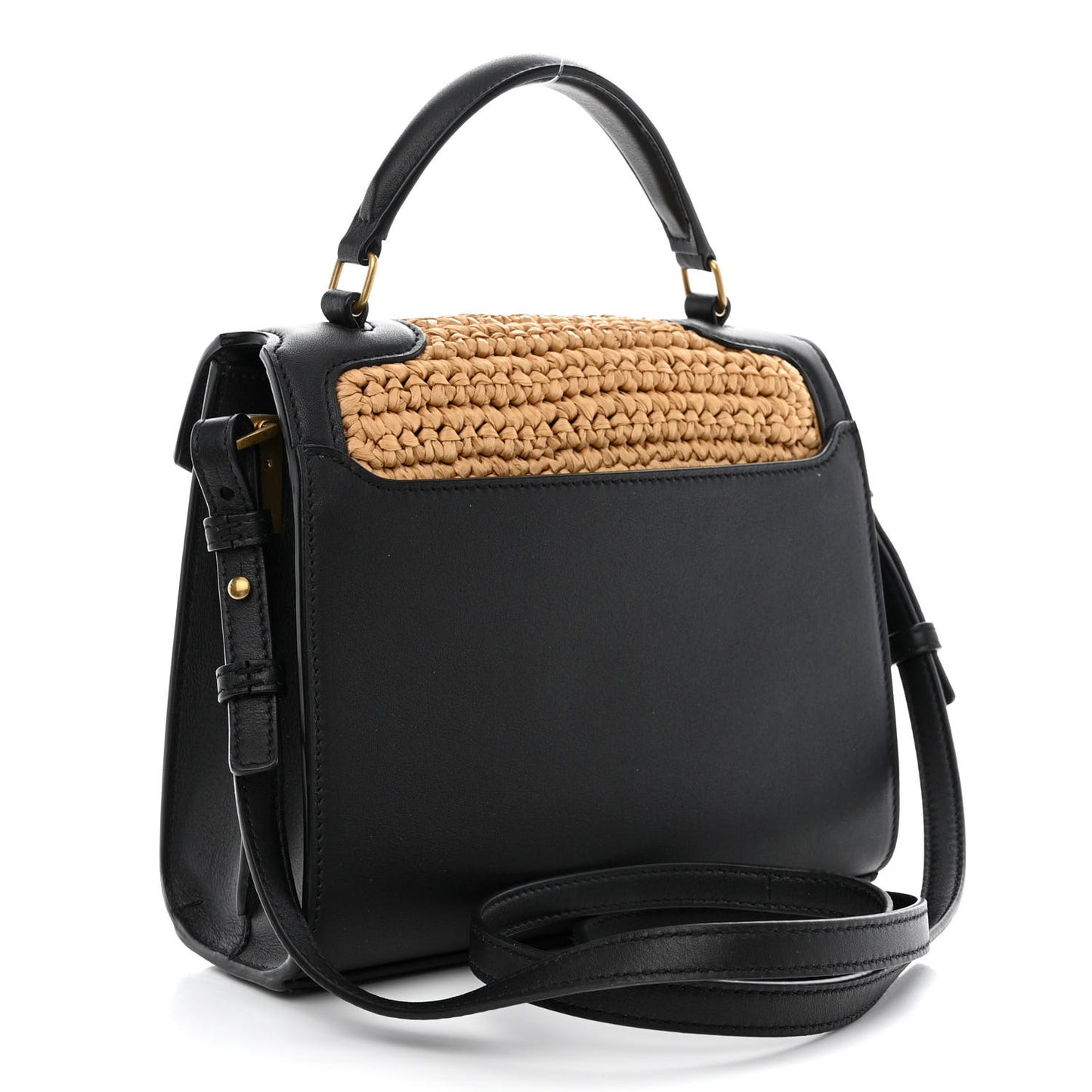 Raffia Calfskin Mini Classic Monogram Cassandra Top Handle Black Natural