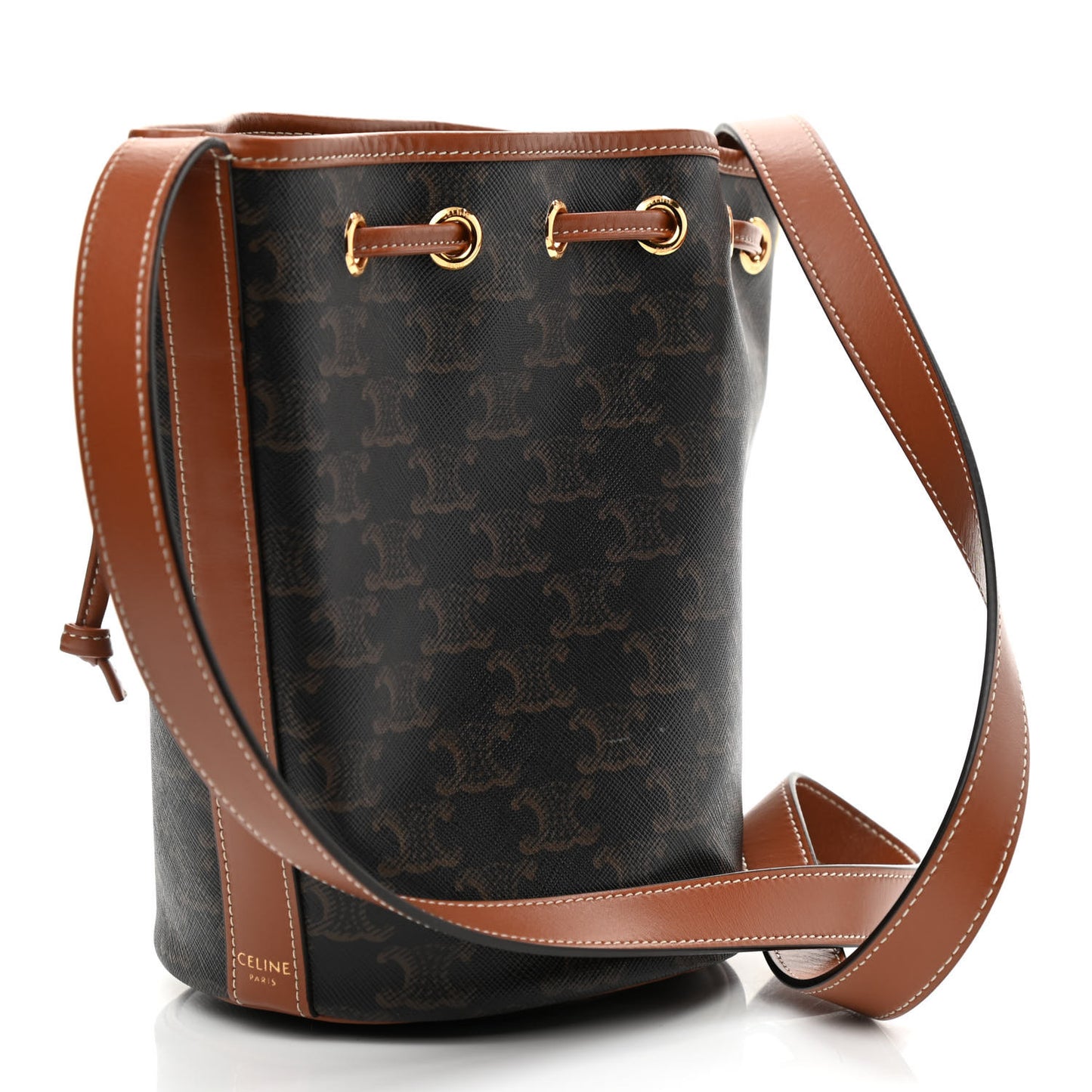 Triomphe Canvas Calfskin Small Drawstring Bucket Bag Tan
