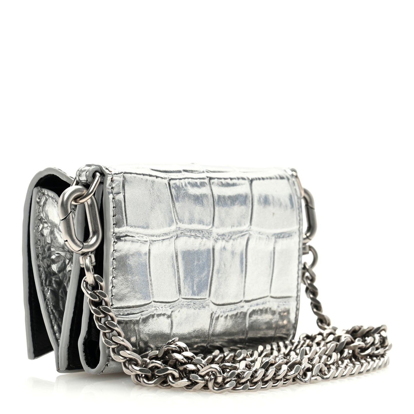 Metallic Calfskin Crocodile Embossed Mini Hourglass Wallet on Chain Silver