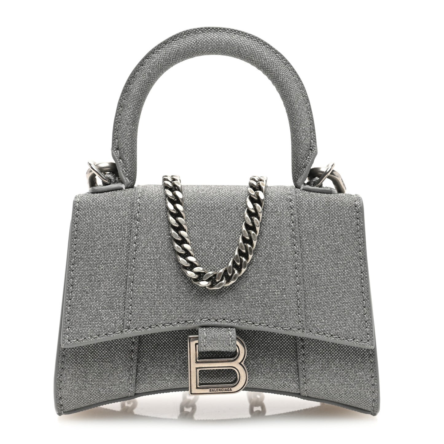 Glitter Fabric Hourglass Top Handle Bag Mini with Chain Grey