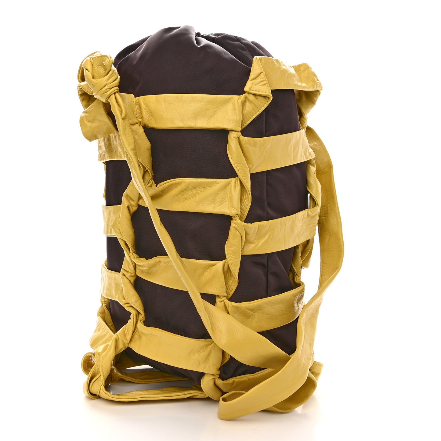Nylon Calfskin Woven BV Tape Bucket Bag Brown Yellow