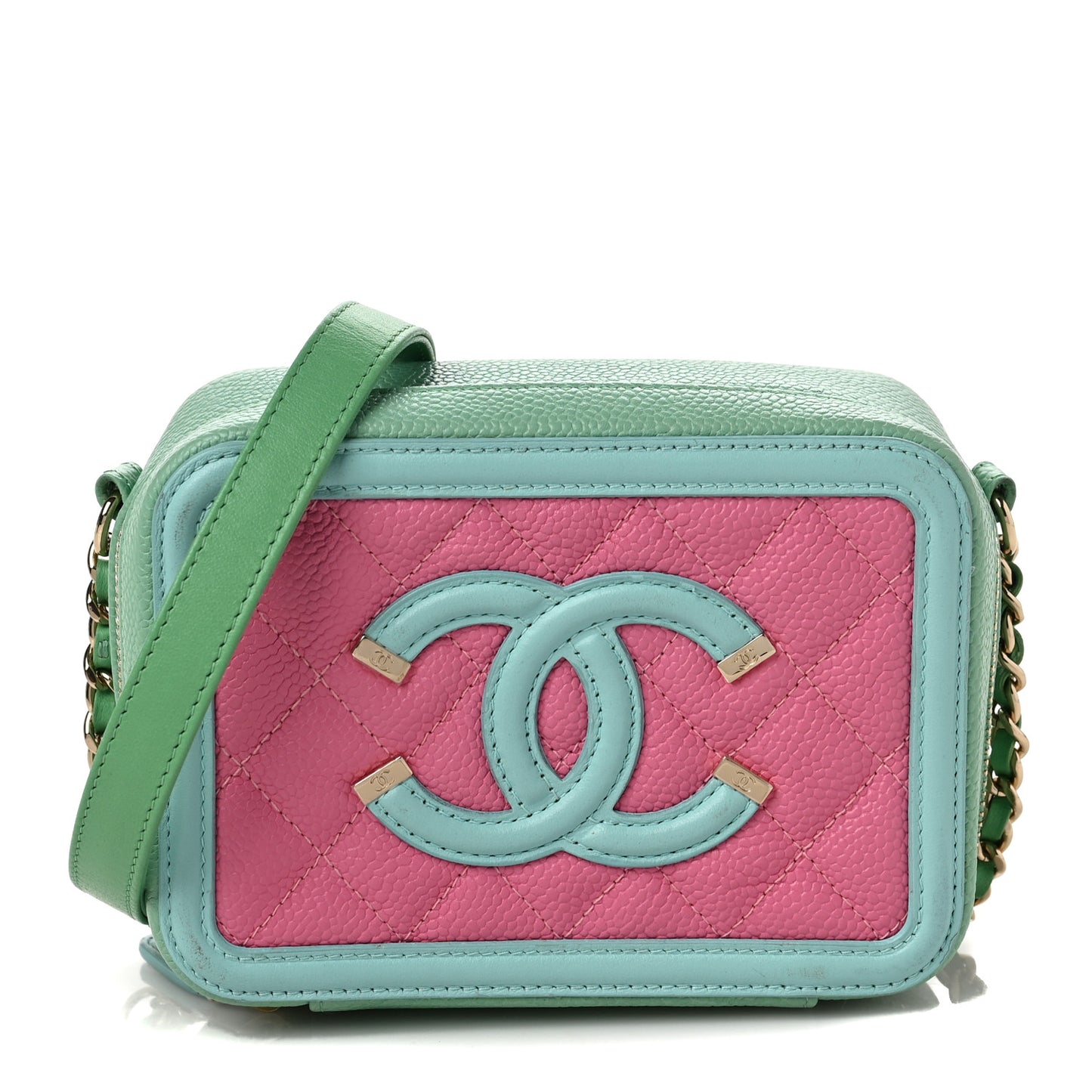 Caviar Quilted Filigree Vanity Clutch With Chain Pink Light Blue Green