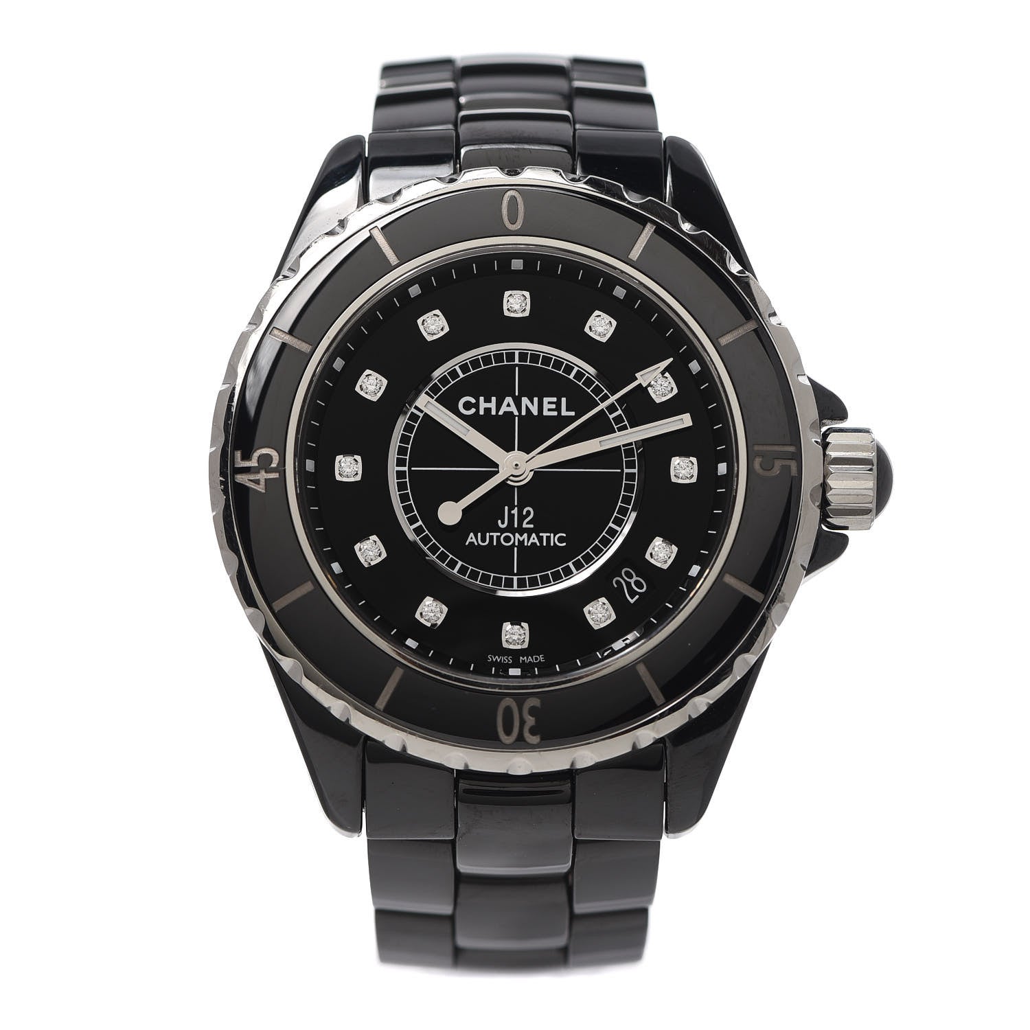 Chanel Stainless Steel Ceramic Diamond 38mm J12 Automatic Watch Black 1 of 6