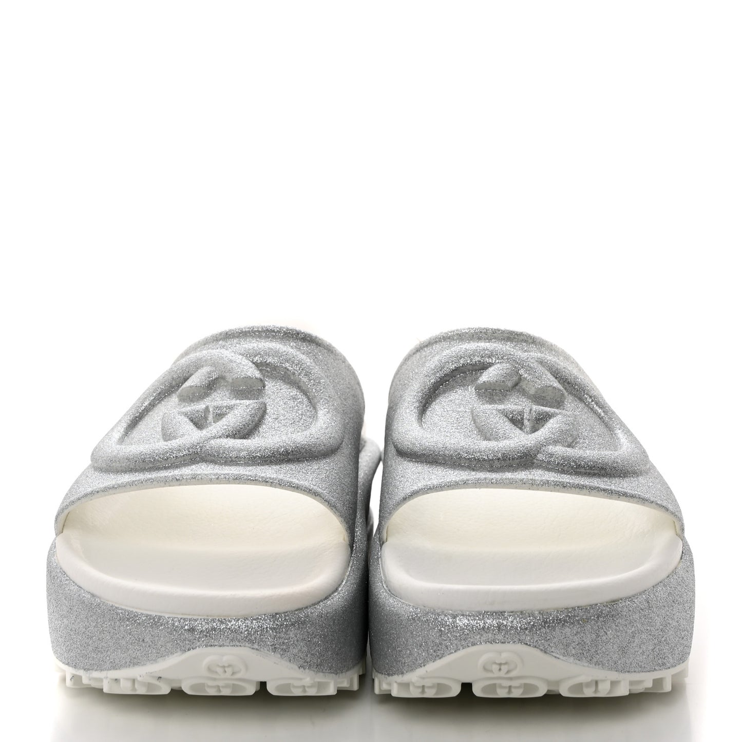 Glitter Rubber Womens Interlocking G Platform 42mm Slide Sandals 37 Silver