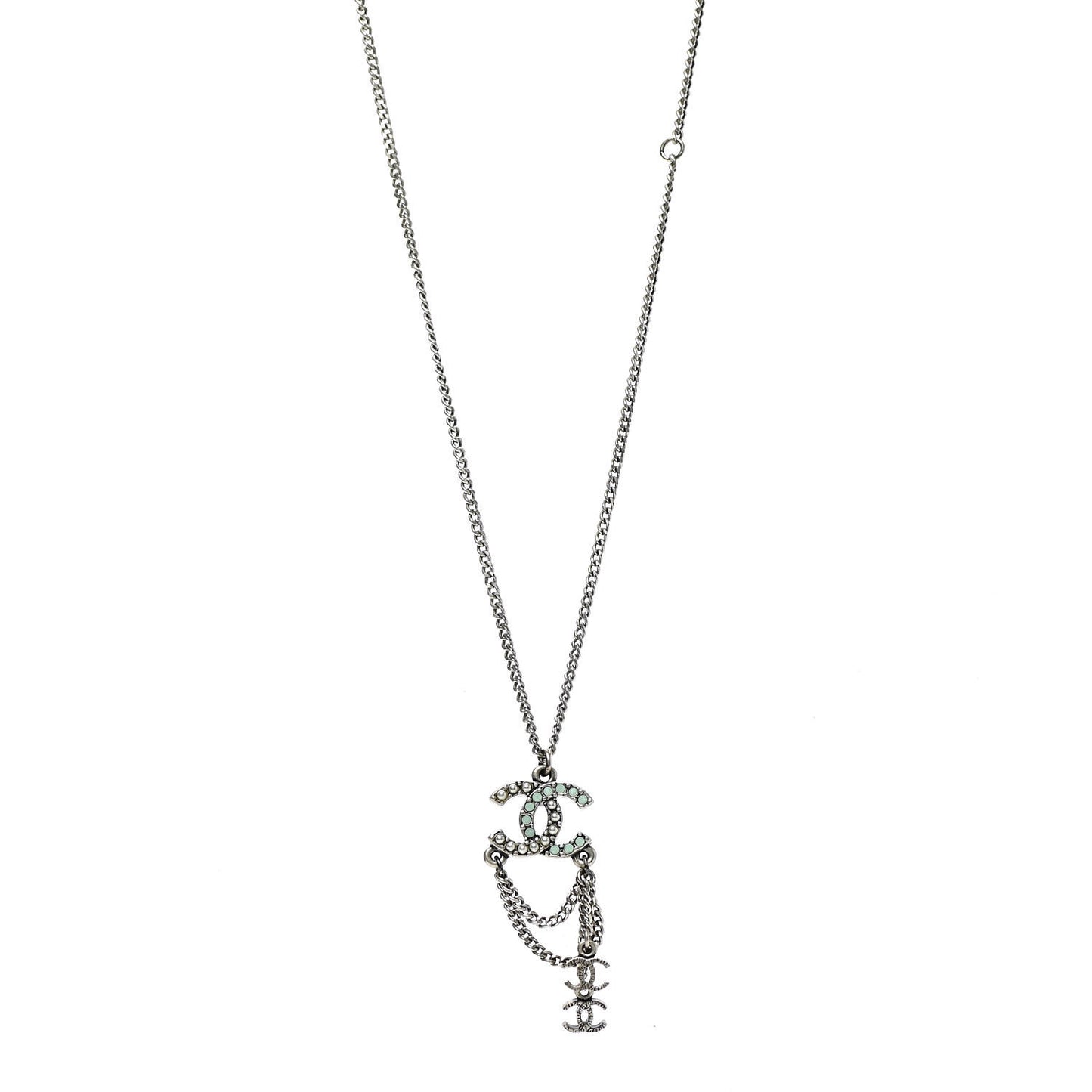 Ruthenium Pearl Chain CC Drop Necklace Silver