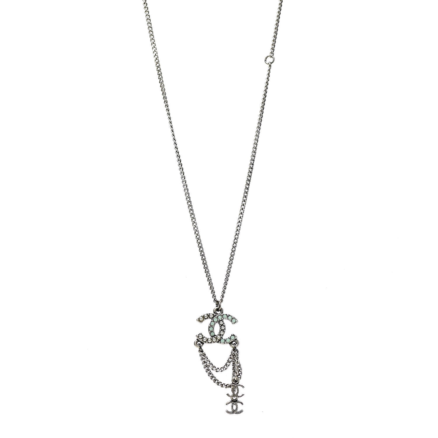 Chanel Ruthenium Pearl Chain CC Drop Necklace Silver 1 of 6