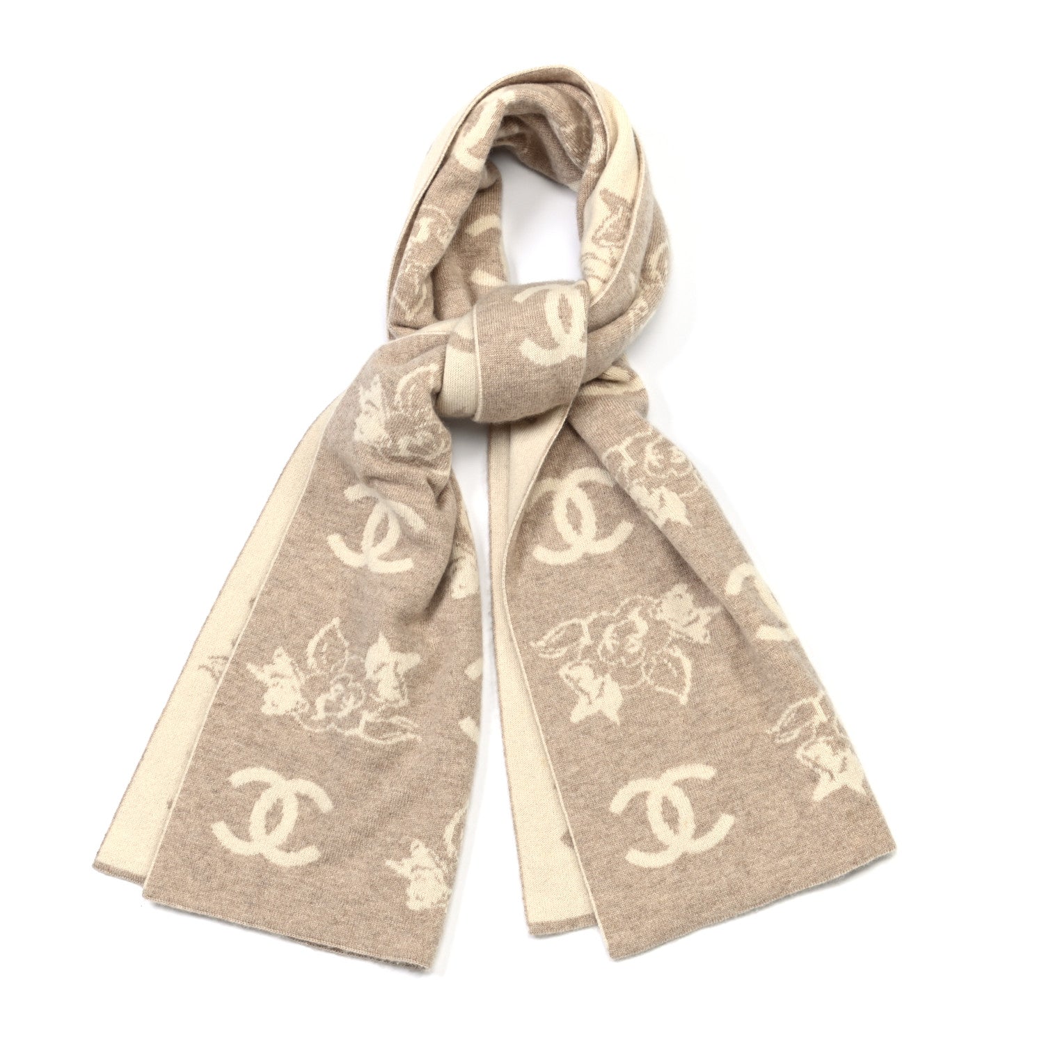 Chanel Cashmere CC Camelia Scarf Beige White 1 of 4