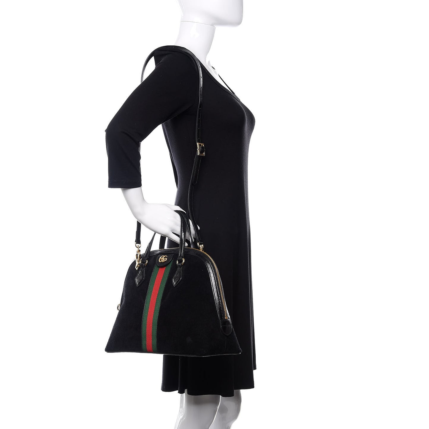 Suede Patent GG Web Medium Ophidia Top Handle Dome Bag Black