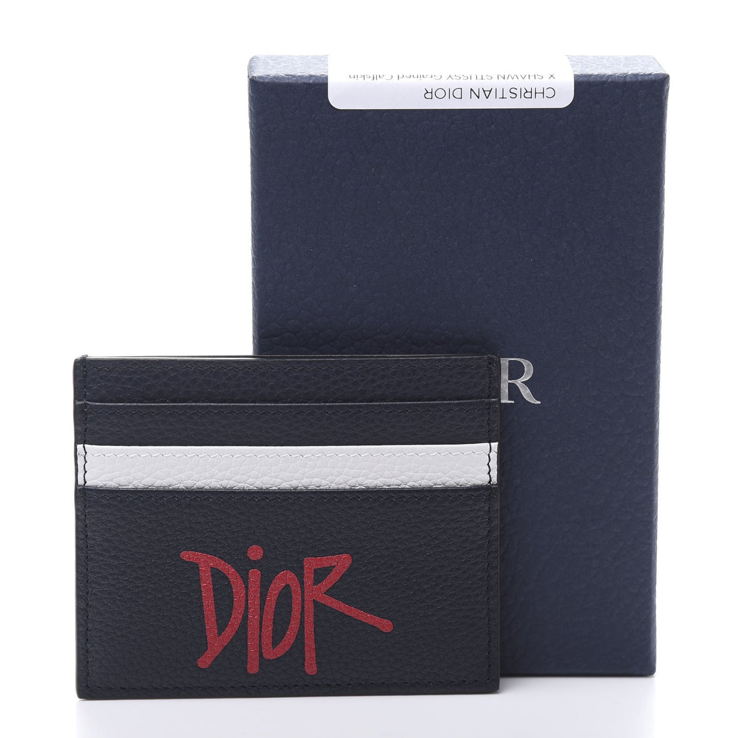 X SHAWN STUSSY Grained Calfskin Ox Head Card Holder Navy Blue