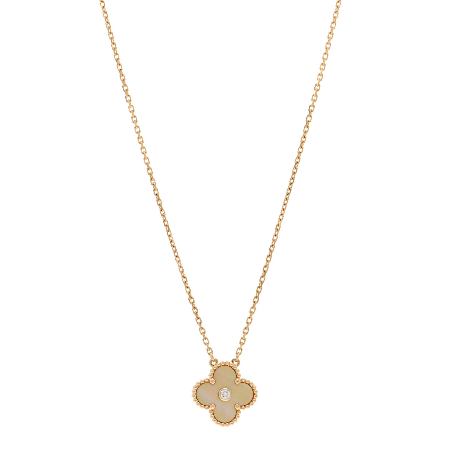 18K Yellow Gold Diamond Yellow Mother of Pearl Vintage Alhambra Pendant Necklace