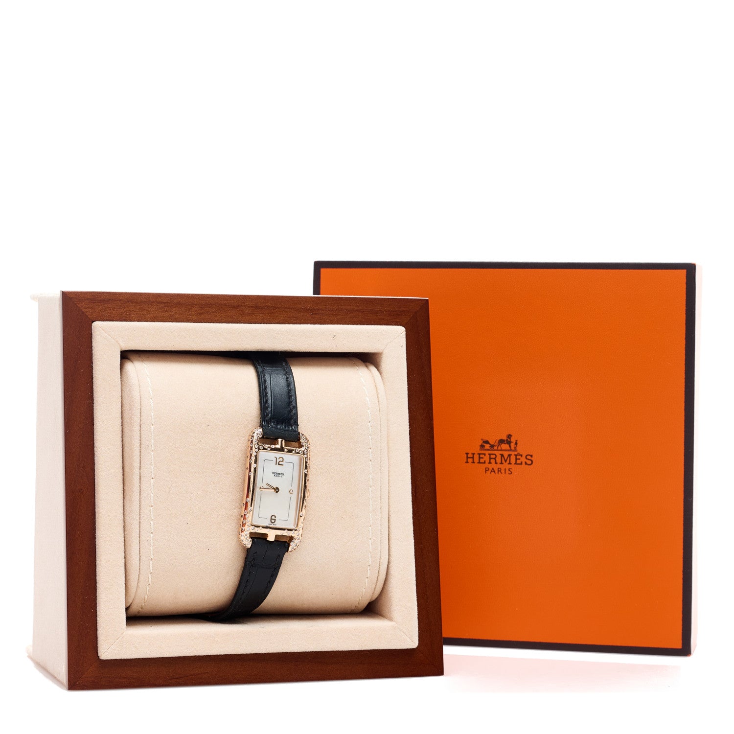 Hermes 18K Rose Gold Alligator Diamond Mother of Pearl 20mm Nantucket Quartz Watch Noir 5 of 5