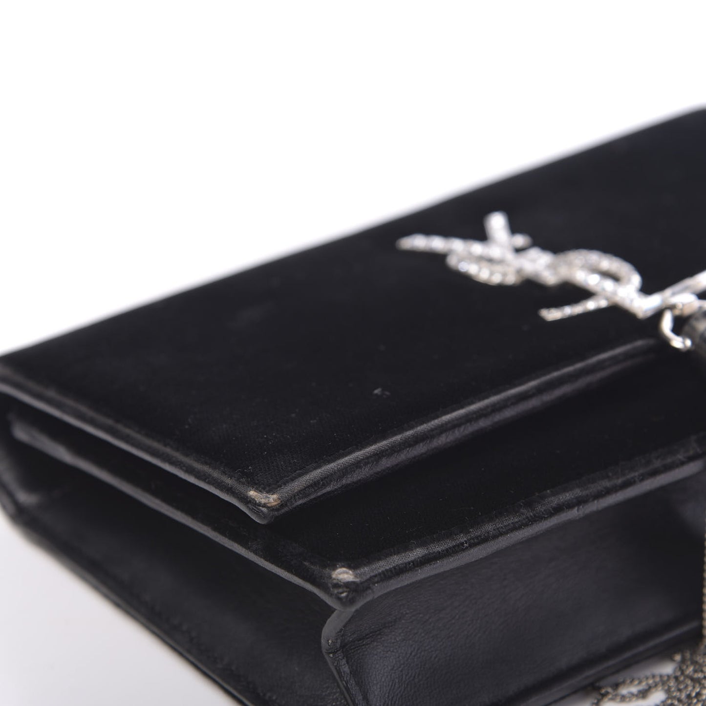 Velvet Crystal Monogram Tassel Chain Wallet Black